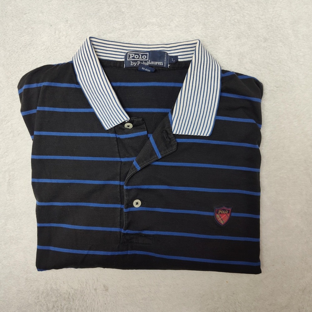 Vintage Polo Ralph Lauren Polo Shirt Mens L Black Striped Casual Golf‎ Logo Y2K